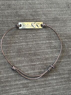 .925 Sterling Silver Sisters Bracelet with 2 Hearts - Brown Cord Cursive Writing